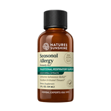 A 2 fl oz amber glass bottle of Natures Sunshine Seasonal Allergy Traditional Respiratory Support liquid herbal extracts, featuring a black ribbed cap and a beige label with green and white text.