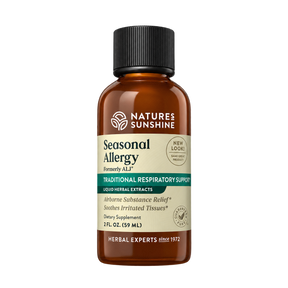 A 2 fl oz amber glass bottle of Natures Sunshine Seasonal Allergy Traditional Respiratory Support liquid herbal extracts, featuring a black ribbed cap and a beige label with green and white text.