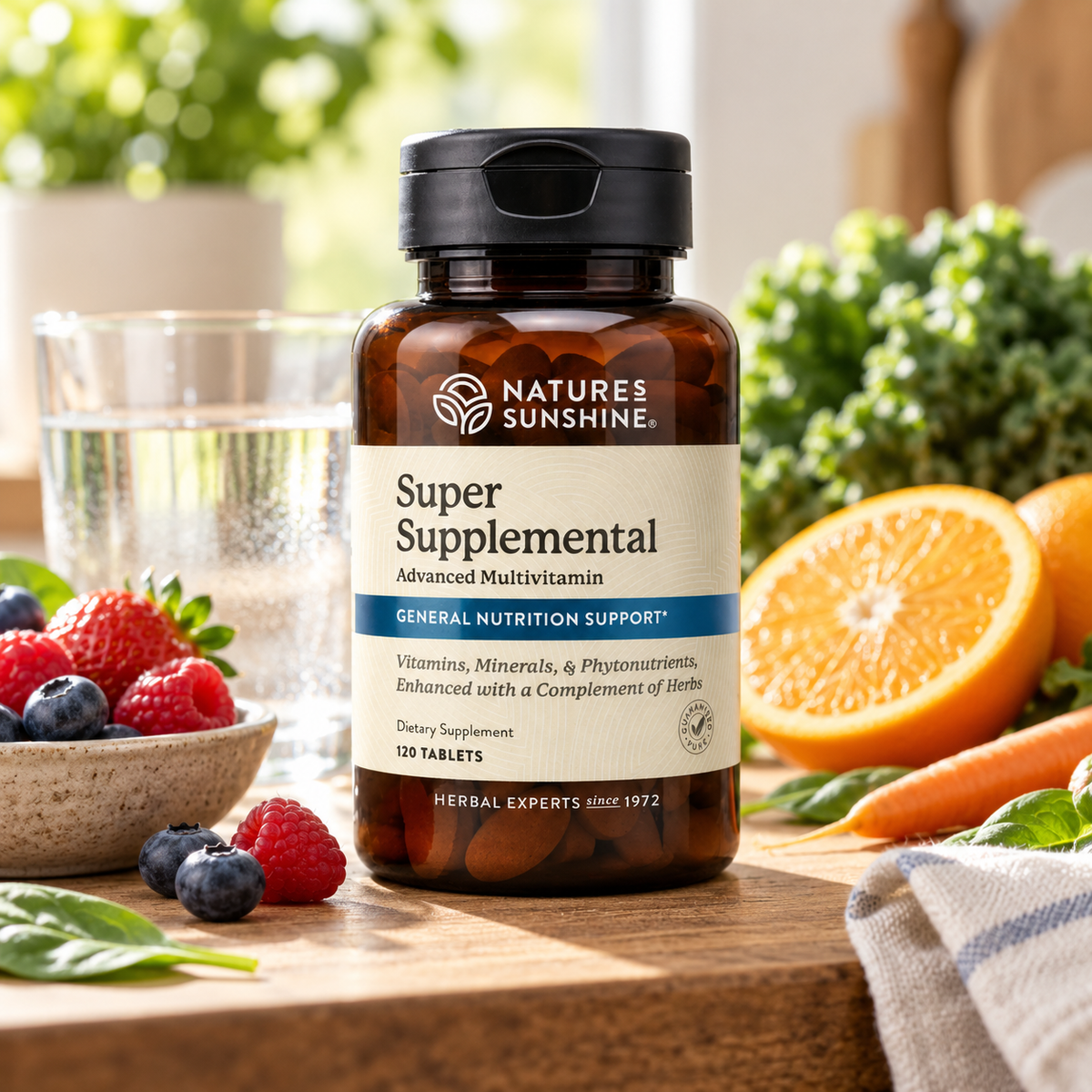 A bottle of Nature's Sunshine Super Supplemental dietary vitamins stands on a wooden table surrounded by fresh fruits and vegetables, including strawberries, blueberries, an orange, and leafy greens.