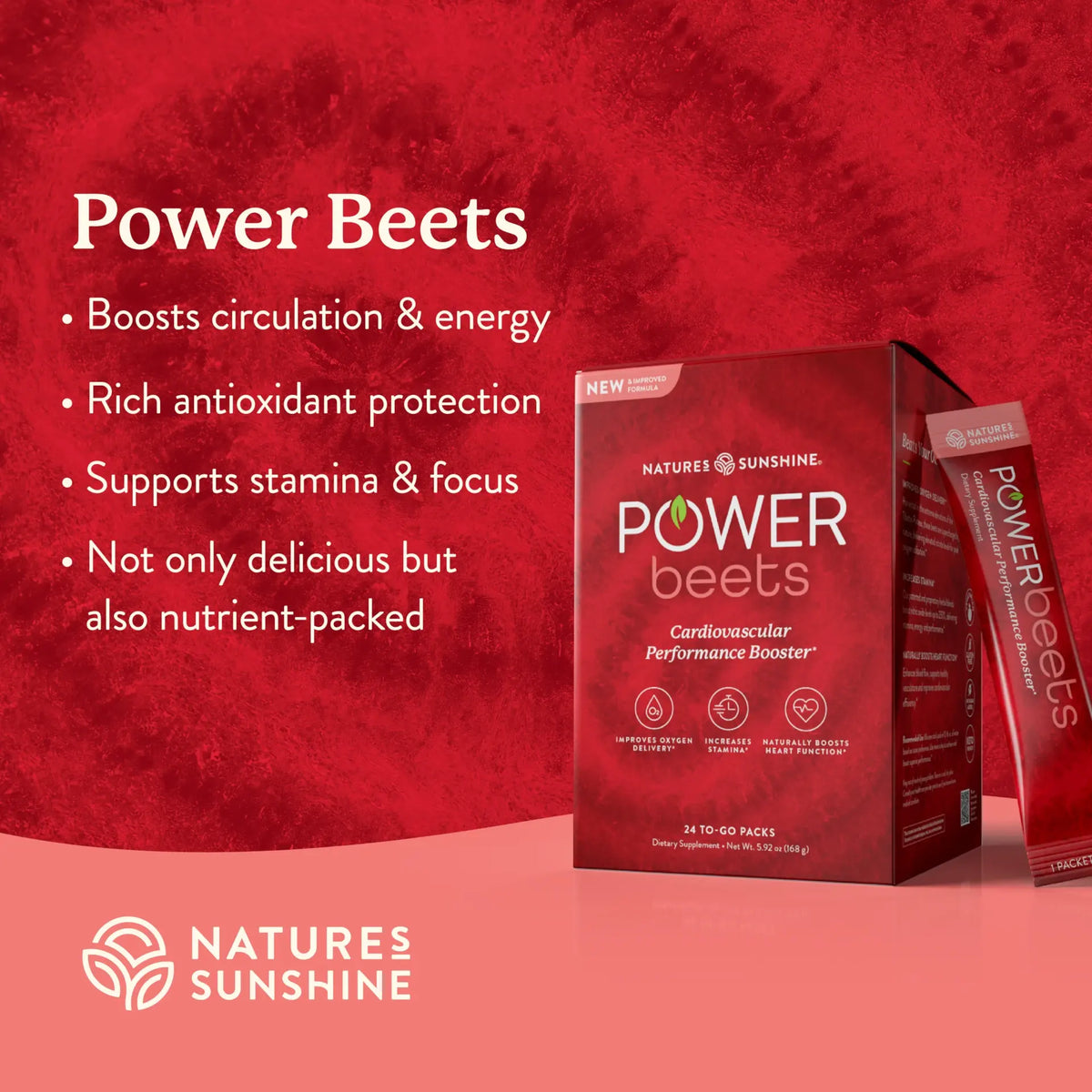 Natures Sunshine Power Beets Cardiovascular Performance Booster, featuring a red box and individual stick packs on a red and pink background with product benefits listed on the left.
