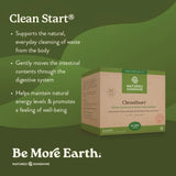 Nature's Sunshine CleanStart dietary cleansing supplement box shown on a dark green promotional background with text describing benefits and the brand.