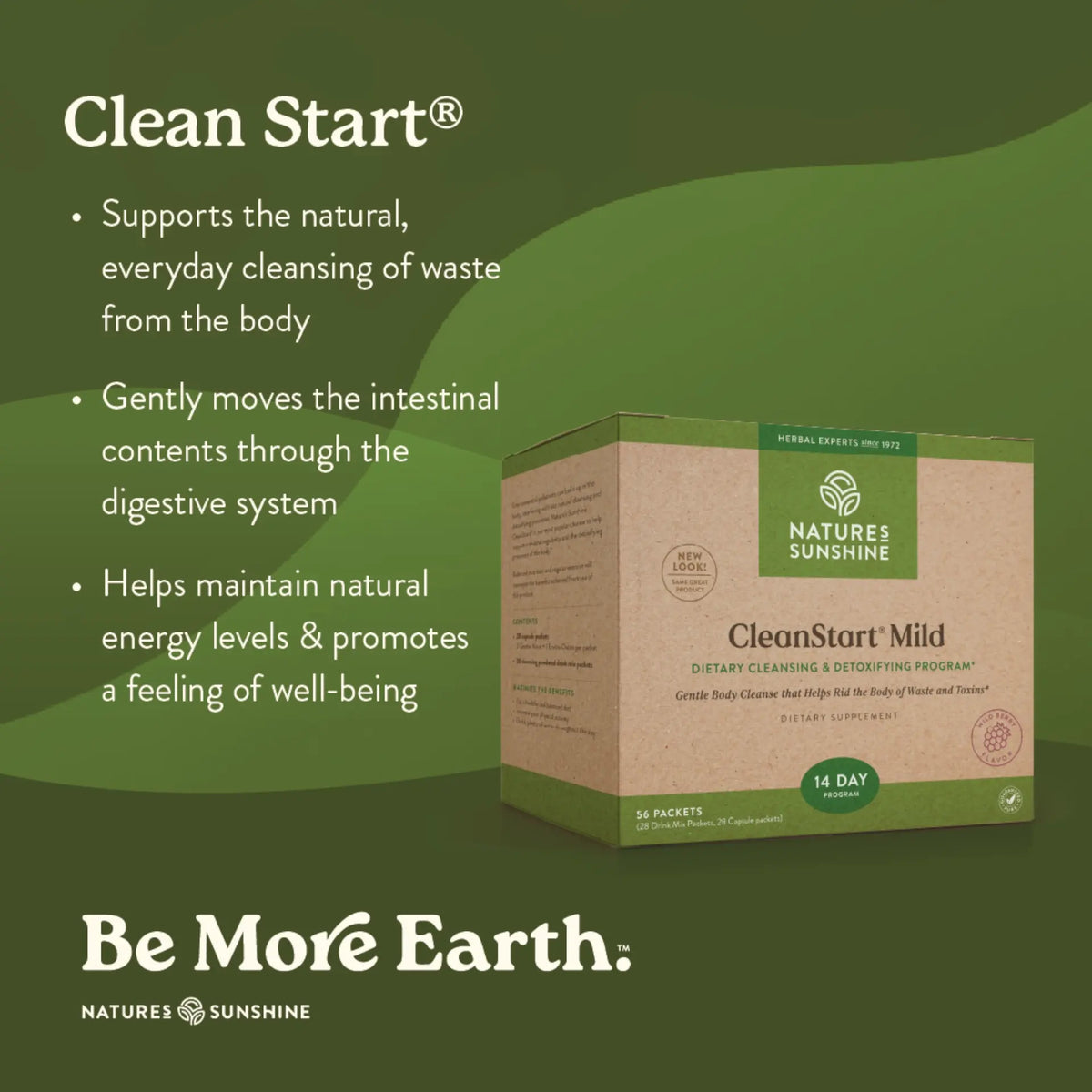 Box of Natures Sunshine CleanStart product on a green background with text about its benefits.