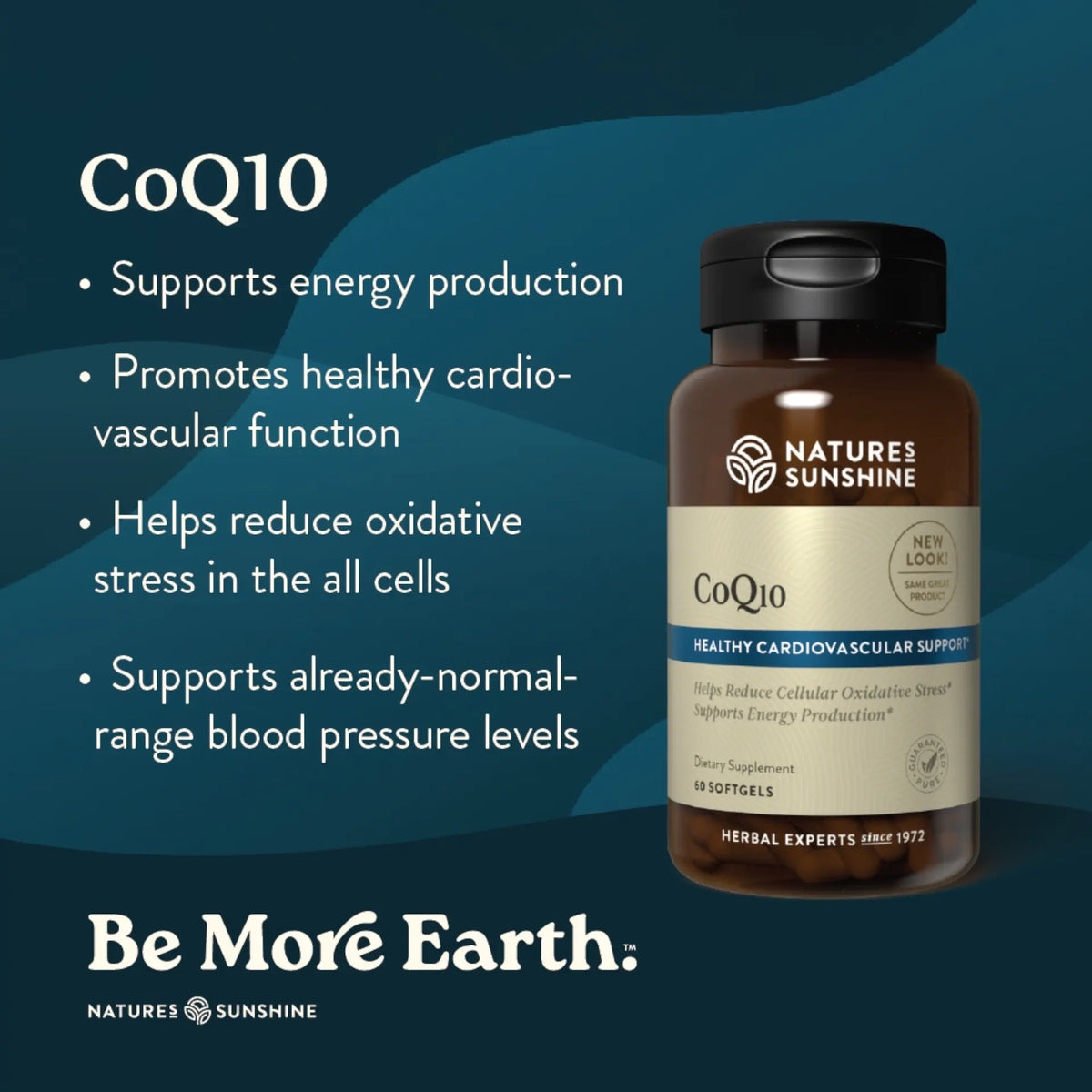 Nature's Sunshine CoQ10 herbal supplement bottle on a dark teal graphic background with product benefits listed on the left. The amber bottle has a black cap and a cream label with blue accents.