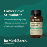 A bottle of Nature's Sunshine Lower Bowel Stimulator dietary supplement shown on a dark teal-green background with marketing text on the left.
