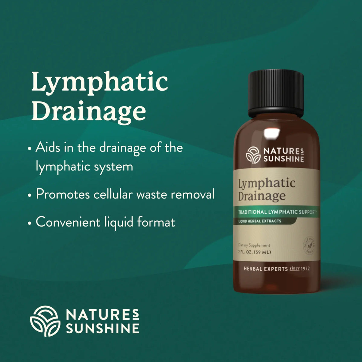 Nature's Sunshine Lymphatic Drainage supplement bottle on a green background with product details.