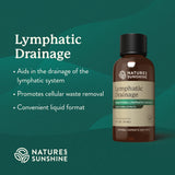 Nature's Sunshine Lymphatic Drainage supplement bottle on a green background with product details.