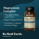 Natures Sunshine Magnesium Complex supplement bottle on a blue background with product details.