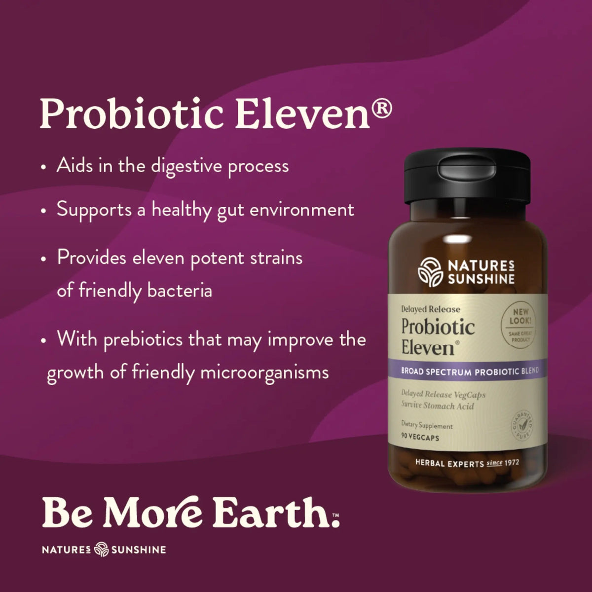 Nature's Sunshine Probiotic Eleven supplement bottle on a purple background with product details.