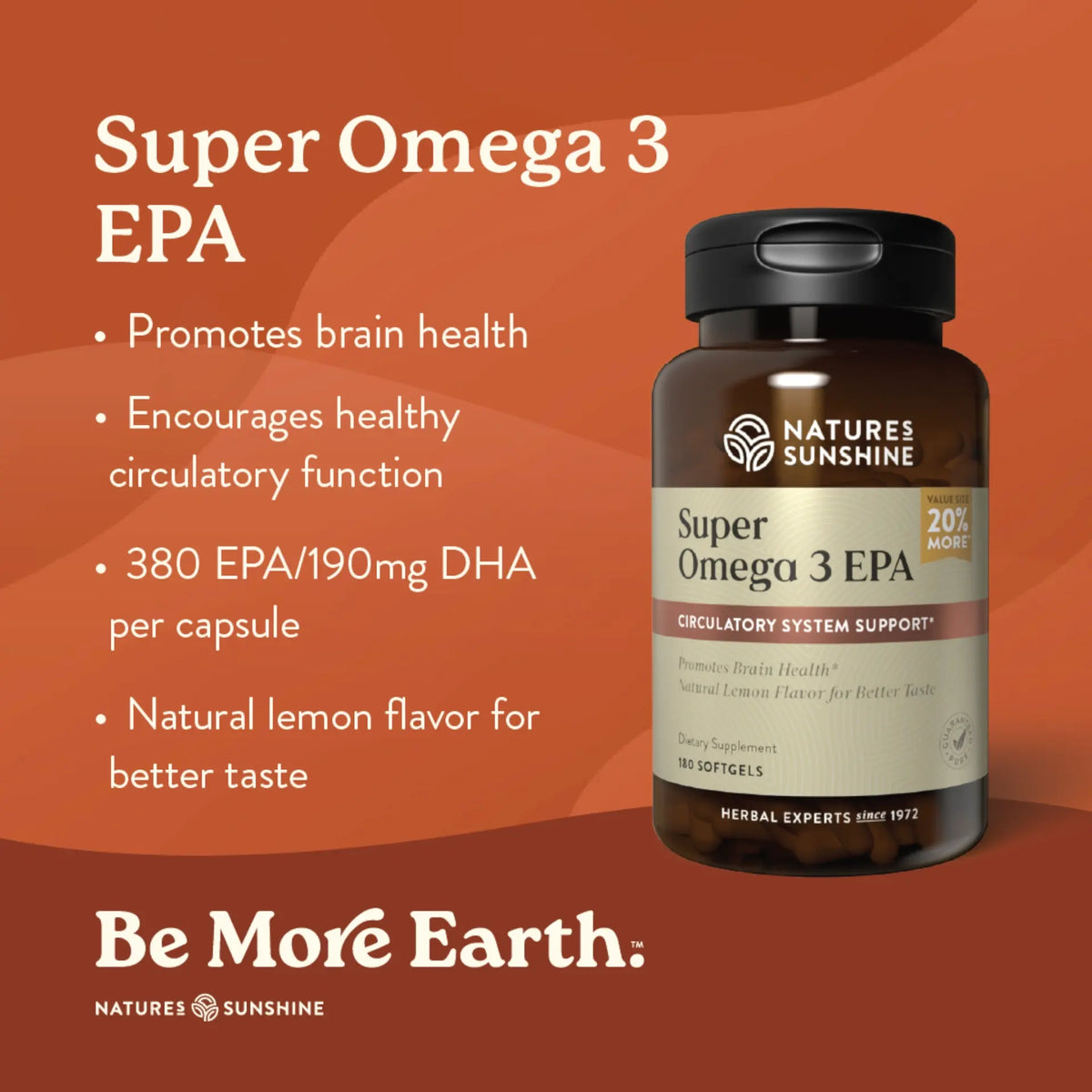 Nature's Sunshine Super Omega 3 EPA supplement bottle on an orange background with product details.