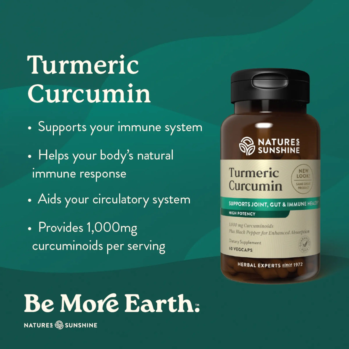 A bottle of Nature's Sunshine Turmeric Curcumin dietary supplement shown on a teal promotional background with text describing immune support benefits.