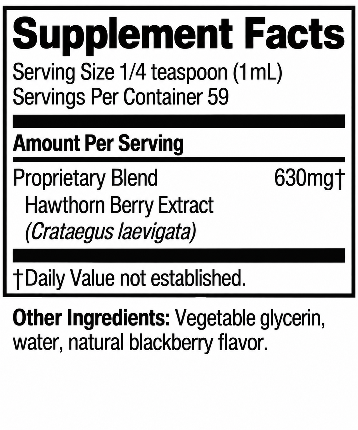 A black and white Supplement Facts label showing a proprietary blend of 630mg Hawthorn Berry Extract (Crataegus laevisata) with other ingredients listed as vegetable glycerin, water, and natural blackberry flavor.