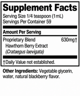A black and white Supplement Facts label showing a proprietary blend of 630mg Hawthorn Berry Extract (Crataegus laevisata) with other ingredients listed as vegetable glycerin, water, and natural blackberry flavor.