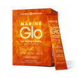 Nature's Sunshine Marine Glo Age-Defying Collagen dietary supplement, featuring a bright orange box with a matching single-serve packet standing in front on a white background.