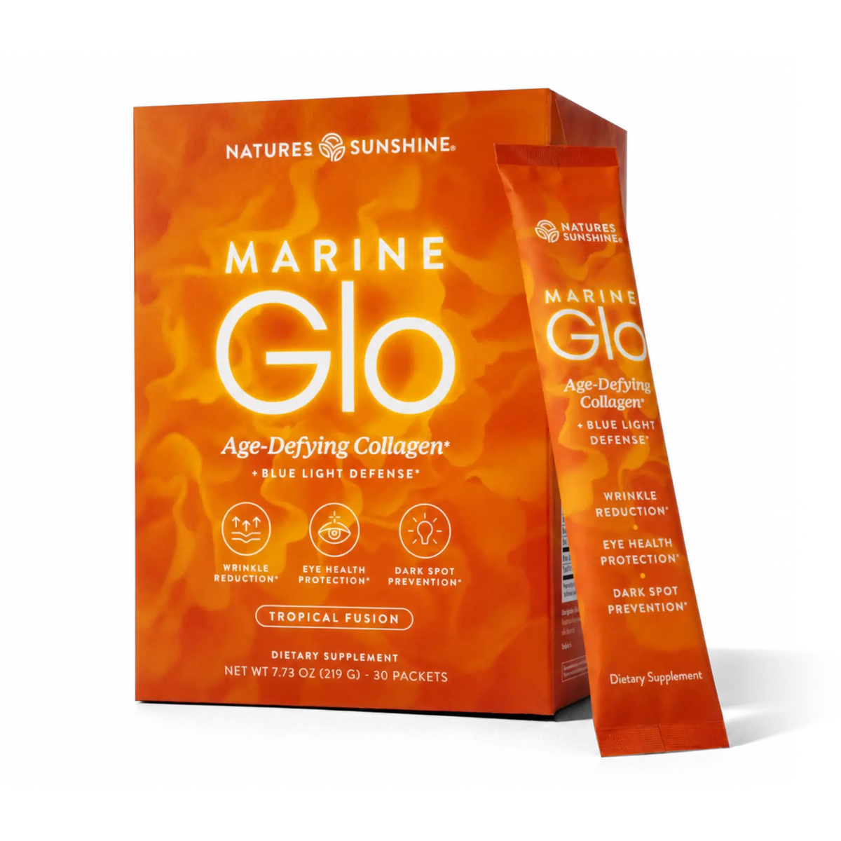 Nature's Sunshine Marine Glo Age-Defying Collagen dietary supplement, featuring a bright orange box with a matching single-serve packet standing in front on a white background.