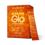 Nature's Sunshine Marine Glo Age-Defying Collagen dietary supplement, featuring a bright orange box with a matching single-serve packet standing in front on a white background.
