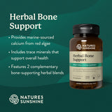 Nature's Sunshine Herbal Bone Support supplement bottle on a green background with product details.