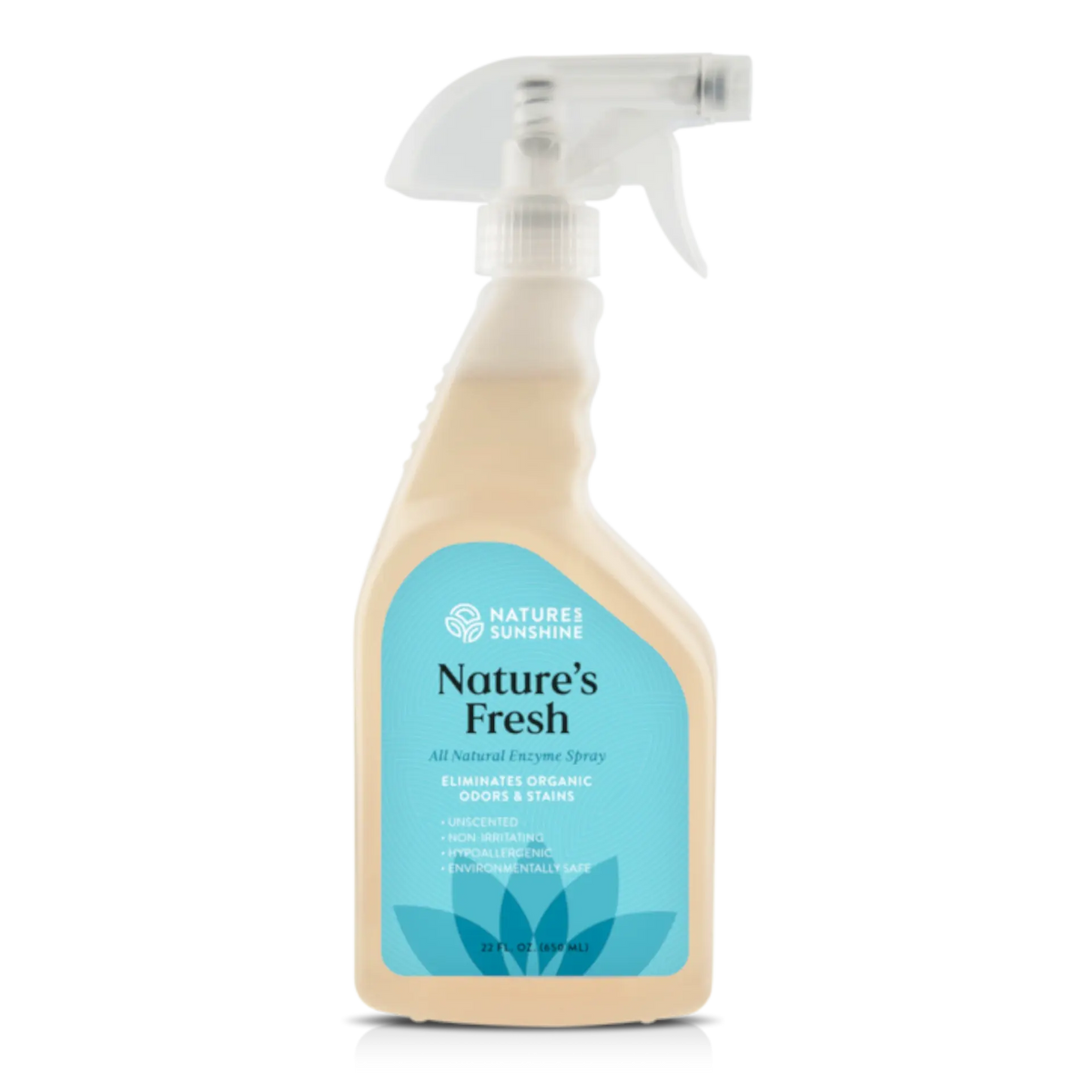 A bottle of Nature's Fresh air natural cleaning spray by Nature's Sunshine, featuring a beige plastic bottle with a light blue and white label, and a clear trigger spray top, set against a plain white background.