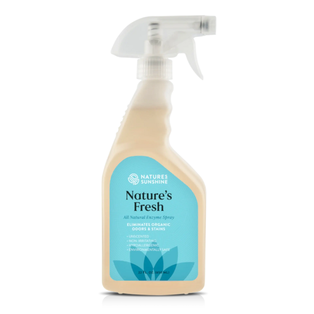 A bottle of Nature's Fresh air natural cleaning spray by Nature's Sunshine, featuring a beige plastic bottle with a light blue and white label, and a clear trigger spray top, set against a plain white background.