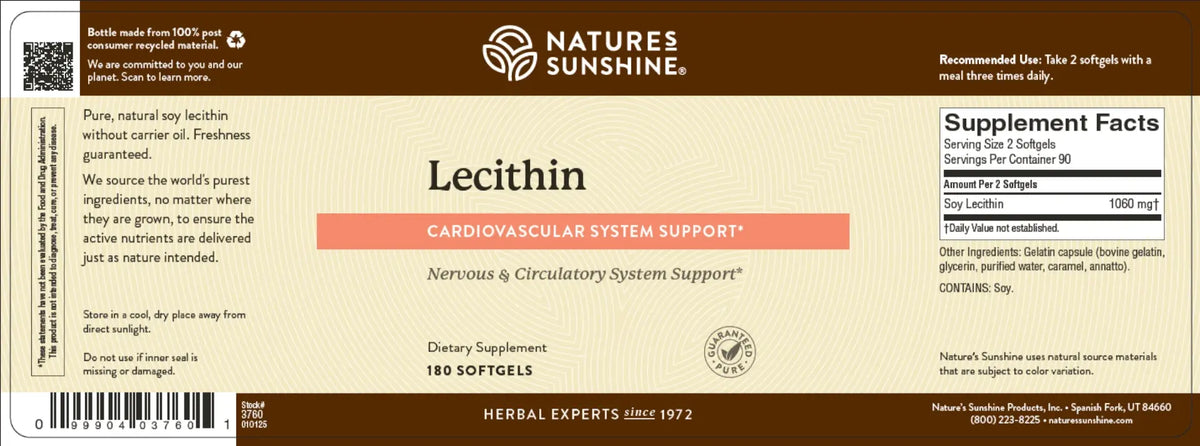 Natures Sunshine Lecithin dietary supplement label, showing product details, ingredients, and supplement facts on a brown background.