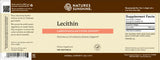 Natures Sunshine Lecithin dietary supplement label, showing product details, ingredients, and supplement facts on a brown background.