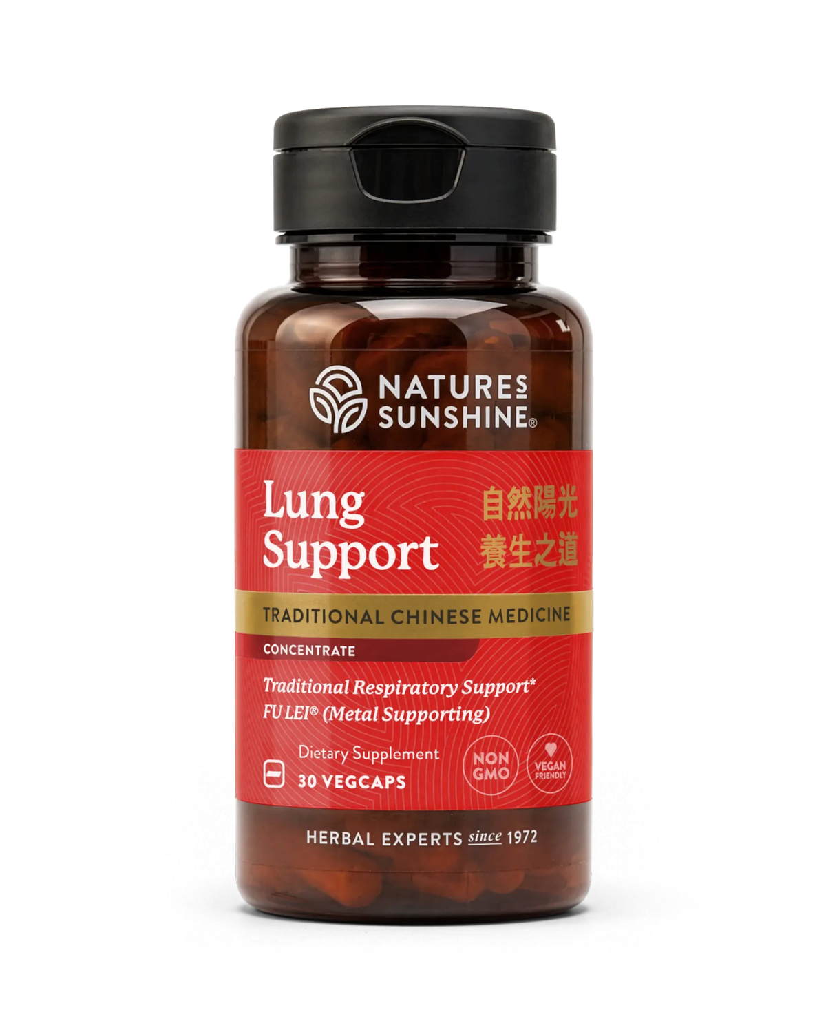 A bottle of Nature's Sunshine Lung Support dietary supplement, featuring a dark amber bottle, black cap, and a red label with gold and white text, set against a plain white background.