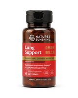 A bottle of Nature's Sunshine Lung Support dietary supplement, featuring a dark amber bottle, black cap, and a red label with gold and white text, set against a plain white background.