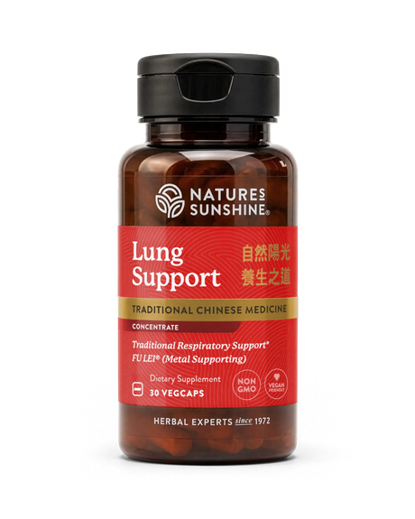 A bottle of Nature's Sunshine Lung Support dietary supplement, featuring a dark amber bottle, black cap, and a red label with gold and white text, set against a plain white background.