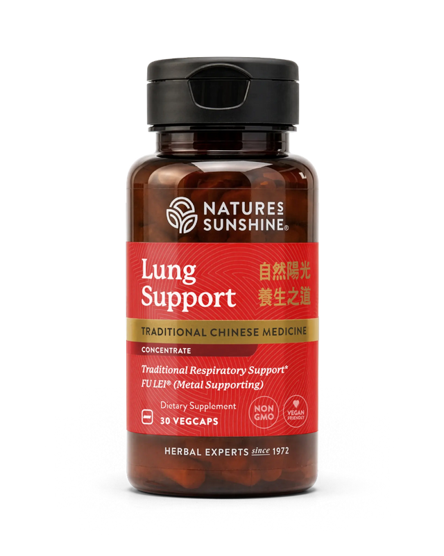 A bottle of Nature's Sunshine Lung Support dietary supplement, featuring a dark amber bottle, black cap, and a red label with gold and white text, set against a plain white background.