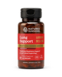 A bottle of Nature's Sunshine Lung Support dietary supplement, featuring a dark amber bottle, black cap, and a red label with gold and white text, set against a plain white background.