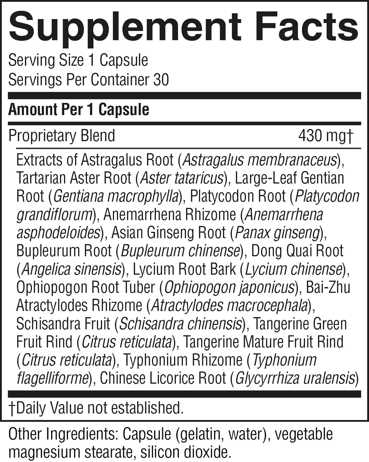 A close-up of a supplement facts label showing the 'Supplement Facts' panel for a proprietary blend 430 mg/t capsule. The label lists various herbal ingredients including Astragalus Root, Tartarian Aster Root, and Licium Chinense.