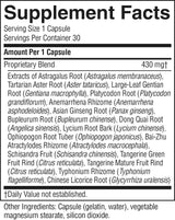 A close-up of a supplement facts label showing the 'Supplement Facts' panel for a proprietary blend 430 mg/t capsule. The label lists various herbal ingredients including Astragalus Root, Tartarian Aster Root, and Licium Chinense.