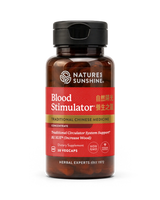 A bottle of Nature's Sunshine Blood Stimulator dietary supplement, featuring a dark amber brown bottle, a black cap, and a red label with gold and white text.