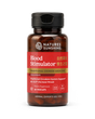 A bottle of Nature's Sunshine Blood Stimulator dietary supplement, featuring a dark amber brown bottle, a black cap, and a red label with gold and white text.
