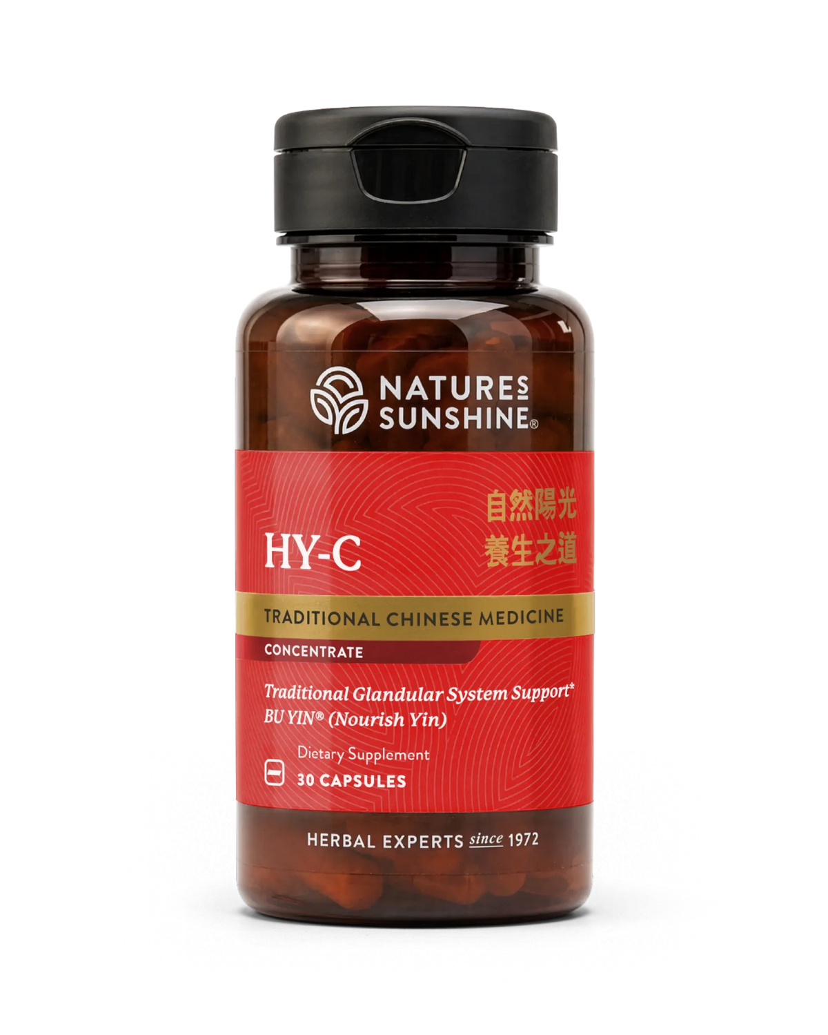 A bottle of Natures Sunshine HY-C Traditional Chinese Medicine dietary supplement, featuring a red label and black cap, containing 30 capsules.