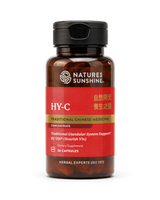 A bottle of Natures Sunshine HY-C Traditional Chinese Medicine dietary supplement, featuring a red label and black cap, containing 30 capsules.