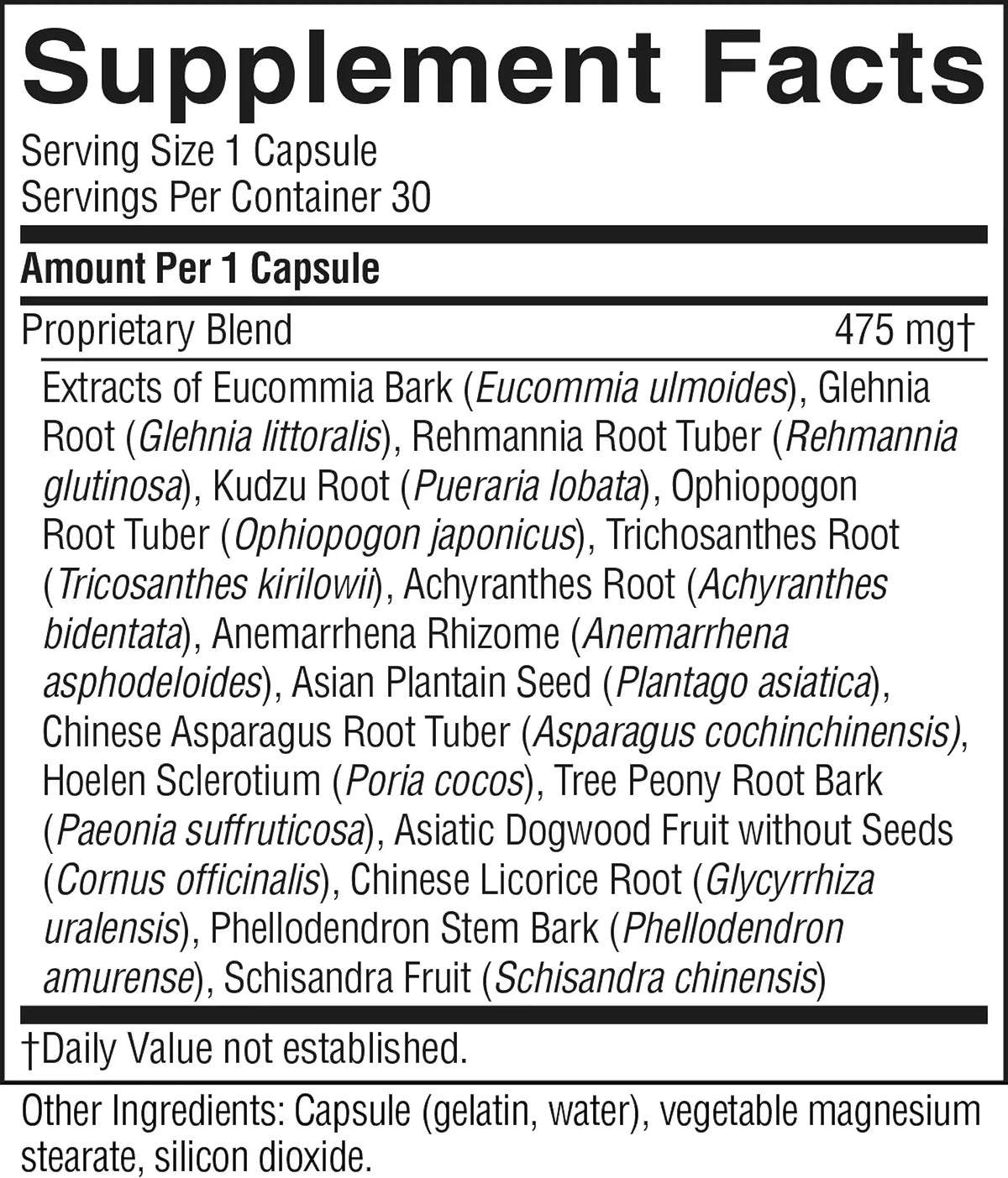 A close-up of a black supplement facts label with white text, showing serving size 1 capsule, servings per container 30, and a list of extracts and ingredients including Eucommia Bark, Glendha Root, Rehmannia Root Tuber, Ophiopogon Root Tuber, Trichosanthes Root, Achyranthes Root, Asian Plantain Seed, Chinese Asparagus Root Tuber, Tree Peony Root Bark, Chinese Licorice Root, Phellodendron Stem Bark, Schisandra Fruit, and capsule ingredients.