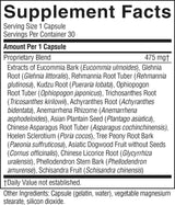 A close-up of a black supplement facts label with white text, showing serving size 1 capsule, servings per container 30, and a list of extracts and ingredients including Eucommia Bark, Glendha Root, Rehmannia Root Tuber, Ophiopogon Root Tuber, Trichosanthes Root, Achyranthes Root, Asian Plantain Seed, Chinese Asparagus Root Tuber, Tree Peony Root Bark, Chinese Licorice Root, Phellodendron Stem Bark, Schisandra Fruit, and capsule ingredients.
