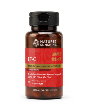 A bottle of Nature's Sunshine IF-C Traditional Chinese Medicine dietary supplement capsules, featuring a red label and black cap on a white background.
