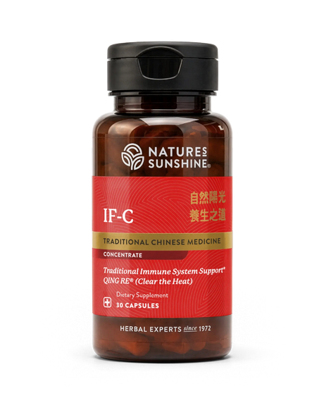 A bottle of Nature's Sunshine IF-C Traditional Chinese Medicine dietary supplement capsules, featuring a red label and black cap on a white background.