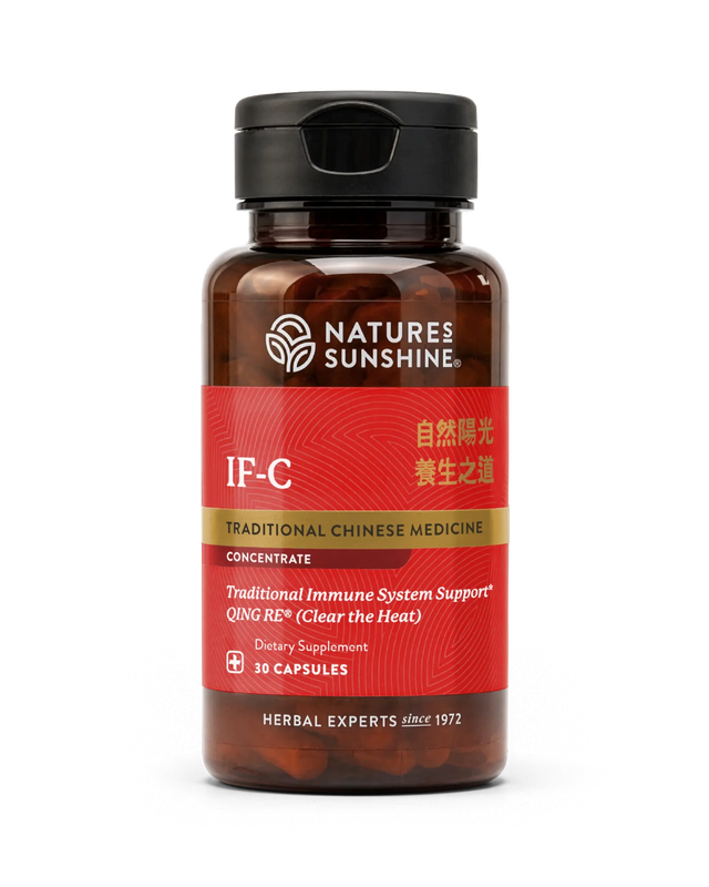 A bottle of Nature's Sunshine IF-C Traditional Chinese Medicine dietary supplement capsules, featuring a red label and black cap on a white background.