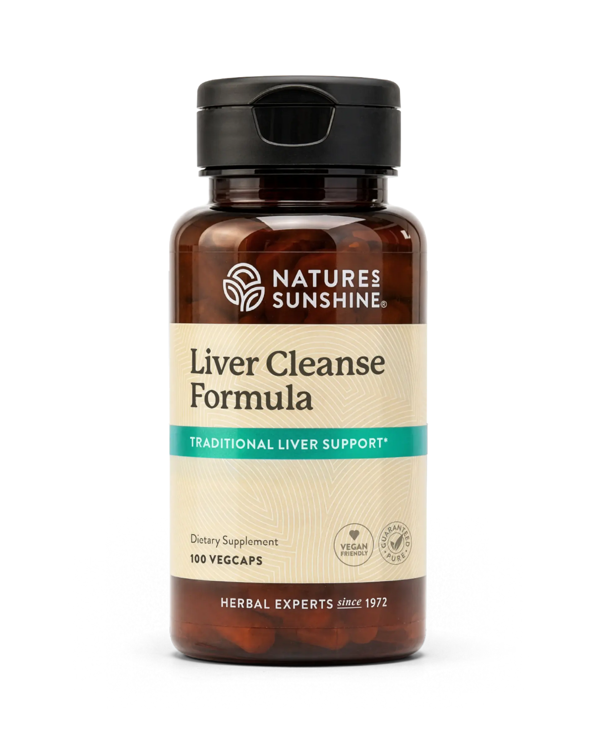 A bottle of Nature's Sunshine Liver Cleanse Formula dietary supplement, containing 100 vegcaps, shown on a clean white background.