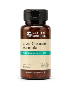 A bottle of Nature's Sunshine Liver Cleanse Formula dietary supplement, containing 100 vegcaps, shown on a clean white background.