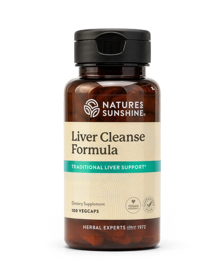 A bottle of Nature's Sunshine Liver Cleanse Formula dietary supplement, containing 100 vegcaps, shown on a clean white background.