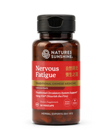 A bottle of Nature's Sunshine Nervous Fatigue dietary supplement, featuring a dark amber bottle, black cap, and a red label with gold and white text.