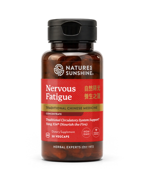A bottle of Nature's Sunshine Nervous Fatigue dietary supplement, featuring a dark amber bottle, black cap, and a red label with gold and white text.
