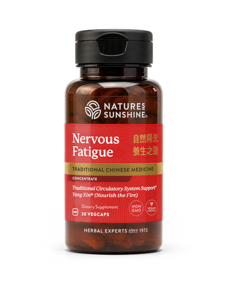A bottle of Nature's Sunshine Nervous Fatigue dietary supplement, featuring a dark amber bottle, black cap, and a red label with gold and white text.