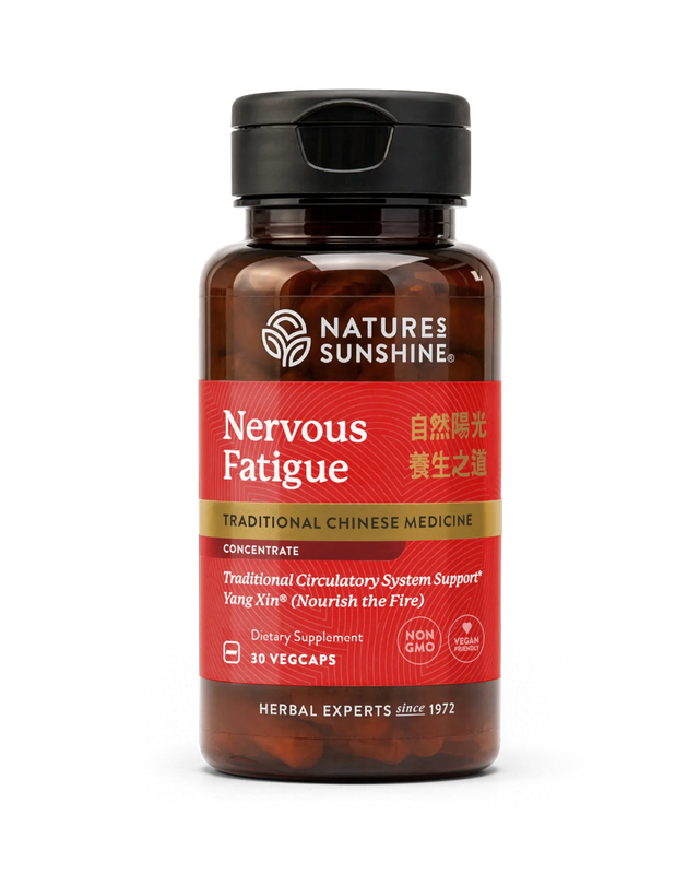 A bottle of Nature's Sunshine Nervous Fatigue dietary supplement, featuring a dark amber bottle, black cap, and a red label with gold and white text.