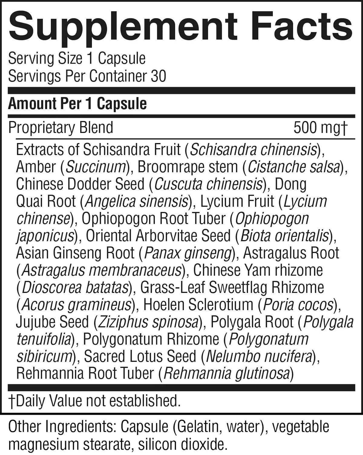 A close-up of a supplement facts label showing the supplement name 'Proprietary Blend' with a list of ingredients and dosage information on a black background.