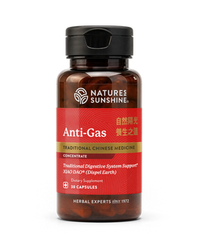 A bottle of Natures Sunshine Anti-Gas dietary supplement, featuring a dark amber brown bottle, a black cap, and a red label with gold and white text, set against a plain white background.