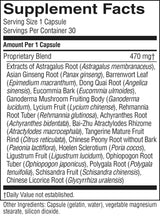 A close-up of a black supplement facts label showing serving size 1 capsule, servings per container 30, and a proprietary blend with listed herbal ingredients and 470 mgtd.